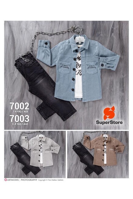 Baskili Tişört Gömlek Kot Pantolon Takim