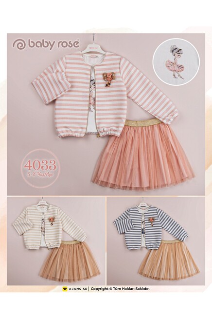Balerin Baskili Tişört Çizgili Jakar Ceket Tül Etek Takim