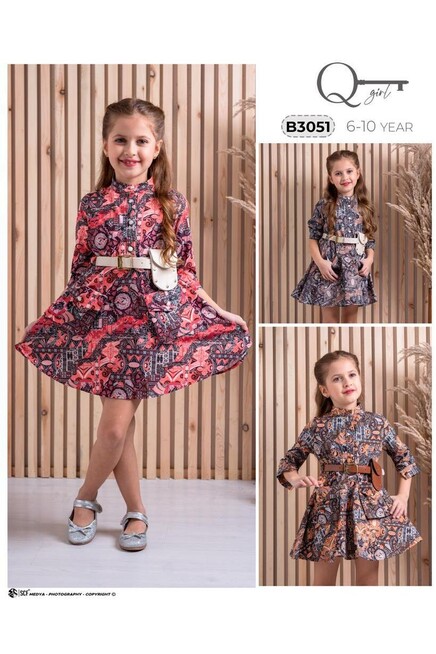 Geometrik Desen Bel Çantalı Elbise