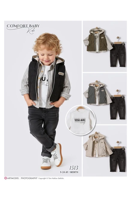 Yelekli Sweatshırtlu Gömlekli Pantolonlu Takım