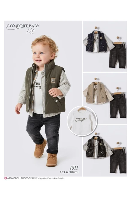 Yelekli Sweatshırtlu Gömlekli Pantolonlu Takım