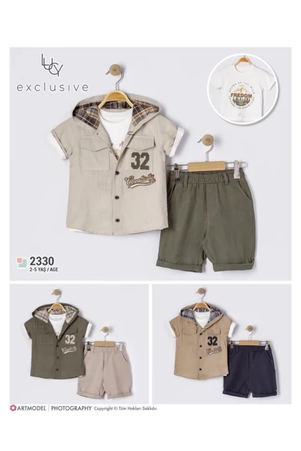 Kapüşonlu Gömleklli Tişörtlü Şort Takım