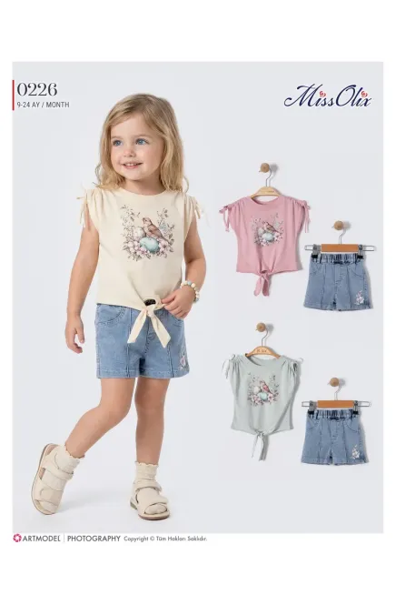 Kuş Detaylı Bağlamalı Bluz Kot Şort Takım