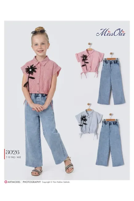 Çiçek Detaylı Gömlek Kot Pantolon Takım