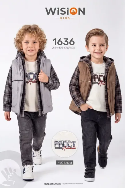 Yelekli Kareli Gömlekli Sweatshırtlu Pantolonlu Takım