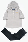 Kapişonlu Çizgili Cepli Gömlekli Kot Pantolonlu Takım