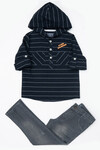 Kapişonlu Çizgili Cepli Gömlekli Kot Pantolonlu Takım