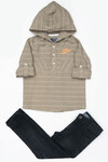 Kapişonlu Çizgili Cepli Gömlekli Kot Pantolonlu Takım